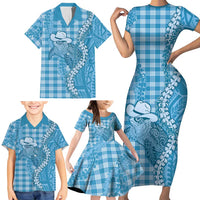 Blue Hawaii Palaka Cowboy Turtle Family Matching Short Sleeve Bodycon Dress and Hawaiian Shirt Hawaiian Paniolo Puakenikeni Maile Lei DT05 - Polynesian Pride
