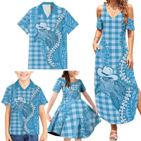Blue Hawaii Palaka Cowboy Turtle Family Matching Summer Maxi Dress and Hawaiian Shirt Hawaiian Paniolo Puakenikeni Maile Lei DT05 - Polynesian Pride
