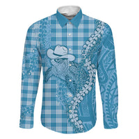Blue Hawaii Palaka Cowboy Turtle Family Matching Summer Maxi Dress and Hawaiian Shirt Hawaiian Paniolo Puakenikeni Maile Lei DT05 Dad's Shirt - Long Sleeve Blue - Polynesian Pride
