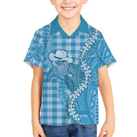 Blue Hawaii Palaka Cowboy Turtle Family Matching Summer Maxi Dress and Hawaiian Shirt Hawaiian Paniolo Puakenikeni Maile Lei DT05 Son's Shirt Blue - Polynesian Pride