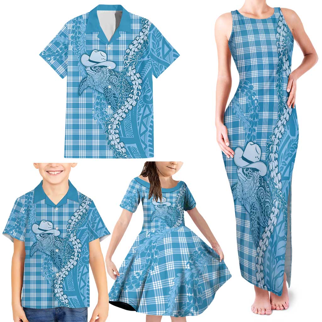 Blue Hawaii Palaka Cowboy Turtle Family Matching Tank Maxi Dress and Hawaiian Shirt Hawaiian Paniolo Puakenikeni Maile Lei DT05 - Polynesian Pride