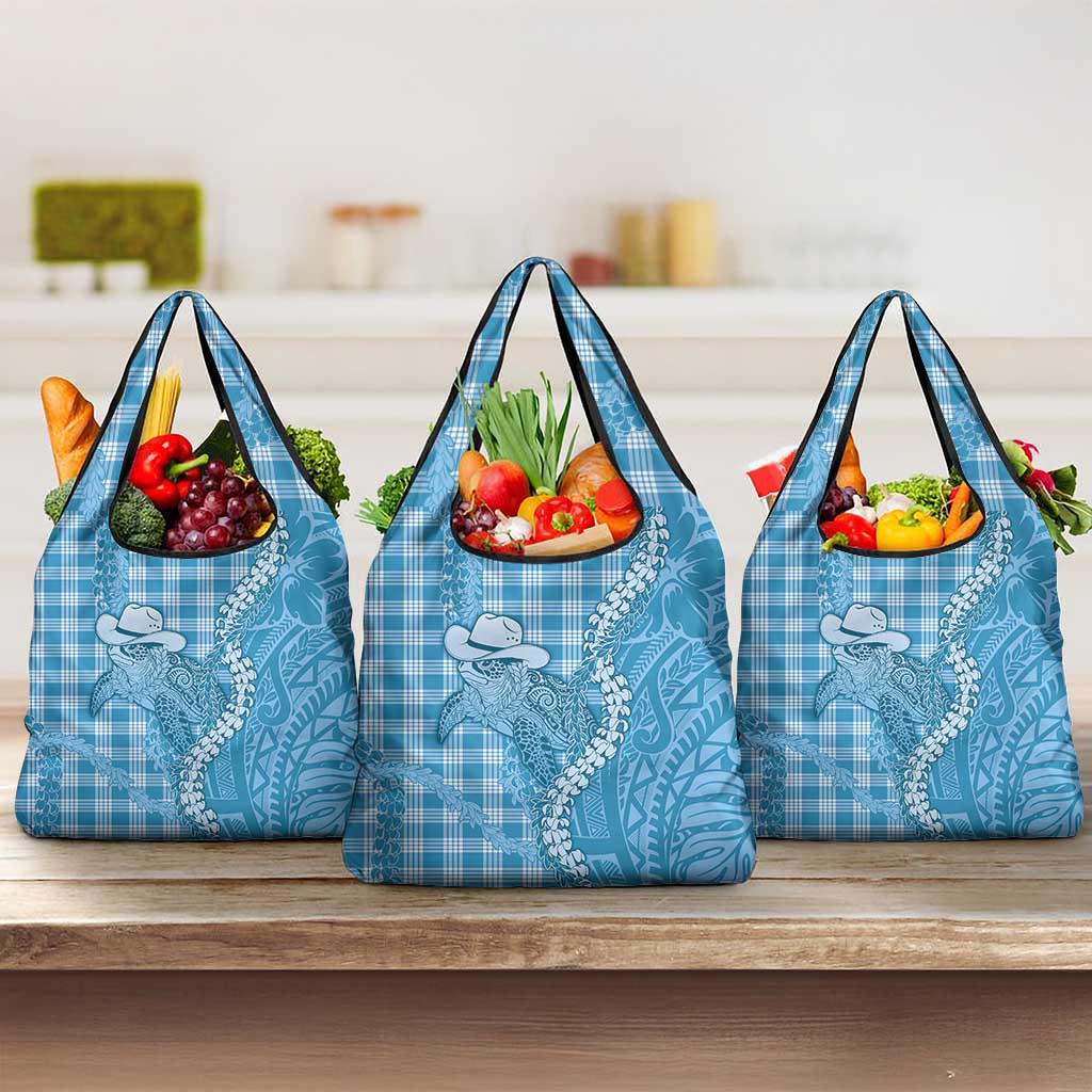 Blue Hawaii Palaka Cowboy Turtle Grocery Bag Hawaiian Paniolo Puakenikeni Maile Lei DT05 3-pack One Size Blue - Polynesian Pride