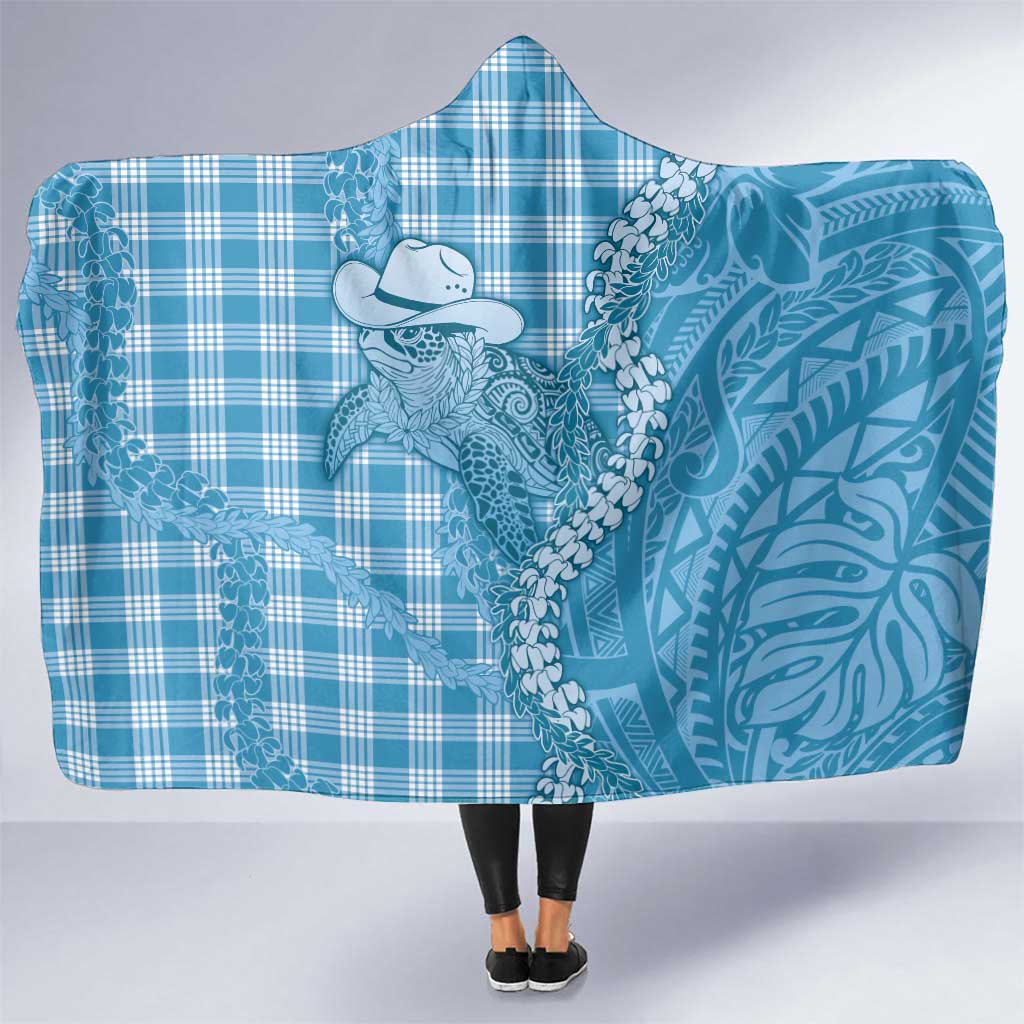 Blue Hawaii Palaka Cowboy Turtle Hooded Blanket Hawaiian Paniolo Puakenikeni Maile Lei DT05 One Size Blue - Polynesian Pride