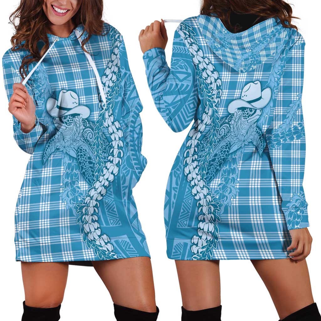 Blue Hawaii Palaka Cowboy Turtle Hoodie Dress Hawaiian Paniolo Puakenikeni Maile Lei DT05 - Polynesian Pride