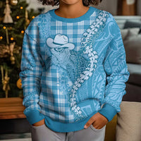 Blue Hawaii Palaka Cowboy Turtle Kid Ugly Christmas Sweater Hawaiian Paniolo Puakenikeni Maile Lei DT05 - Polynesian Pride