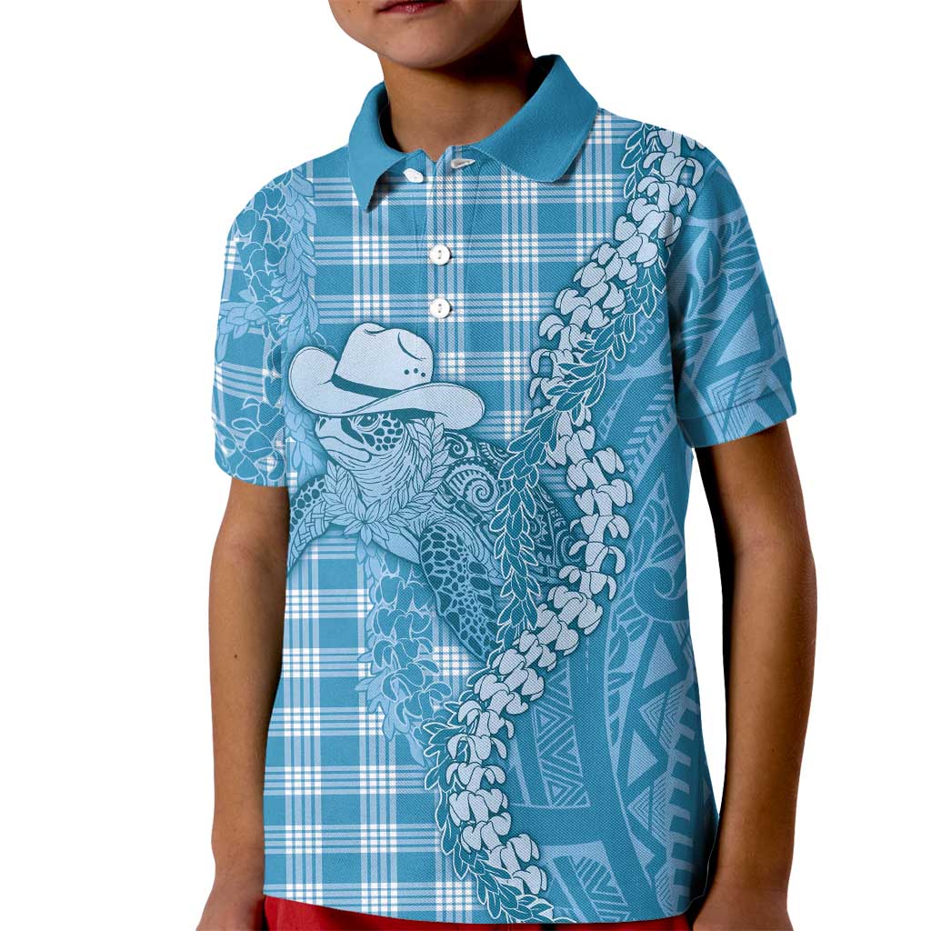 Blue Hawaii Palaka Cowboy Turtle Kid Polo Shirt Hawaiian Paniolo Puakenikeni Maile Lei DT05 Kid Blue - Polynesian Pride