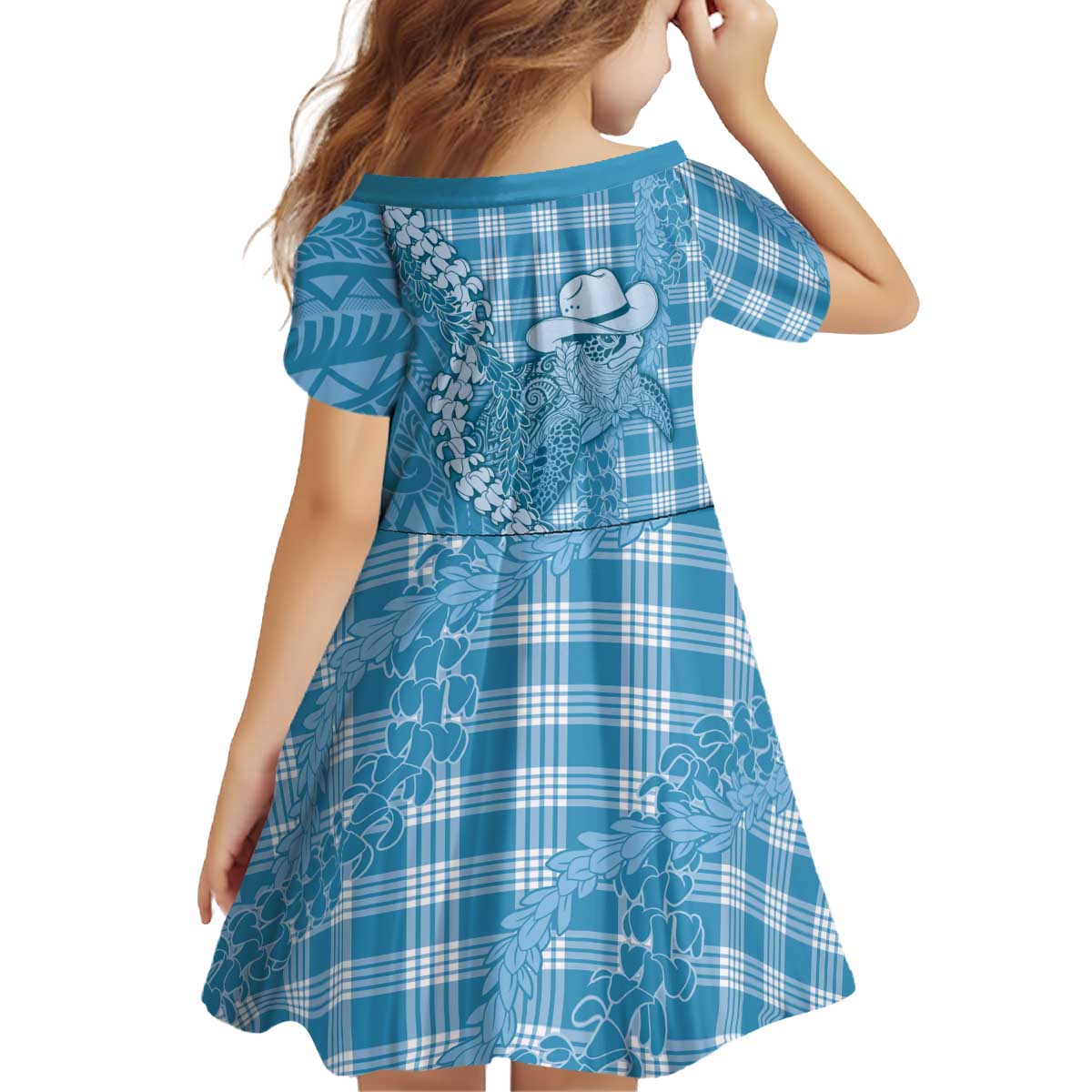 Blue Hawaii Palaka Cowboy Turtle Kid Short Sleeve Dress Hawaiian Paniolo Puakenikeni Maile Lei DT05 - Polynesian Pride