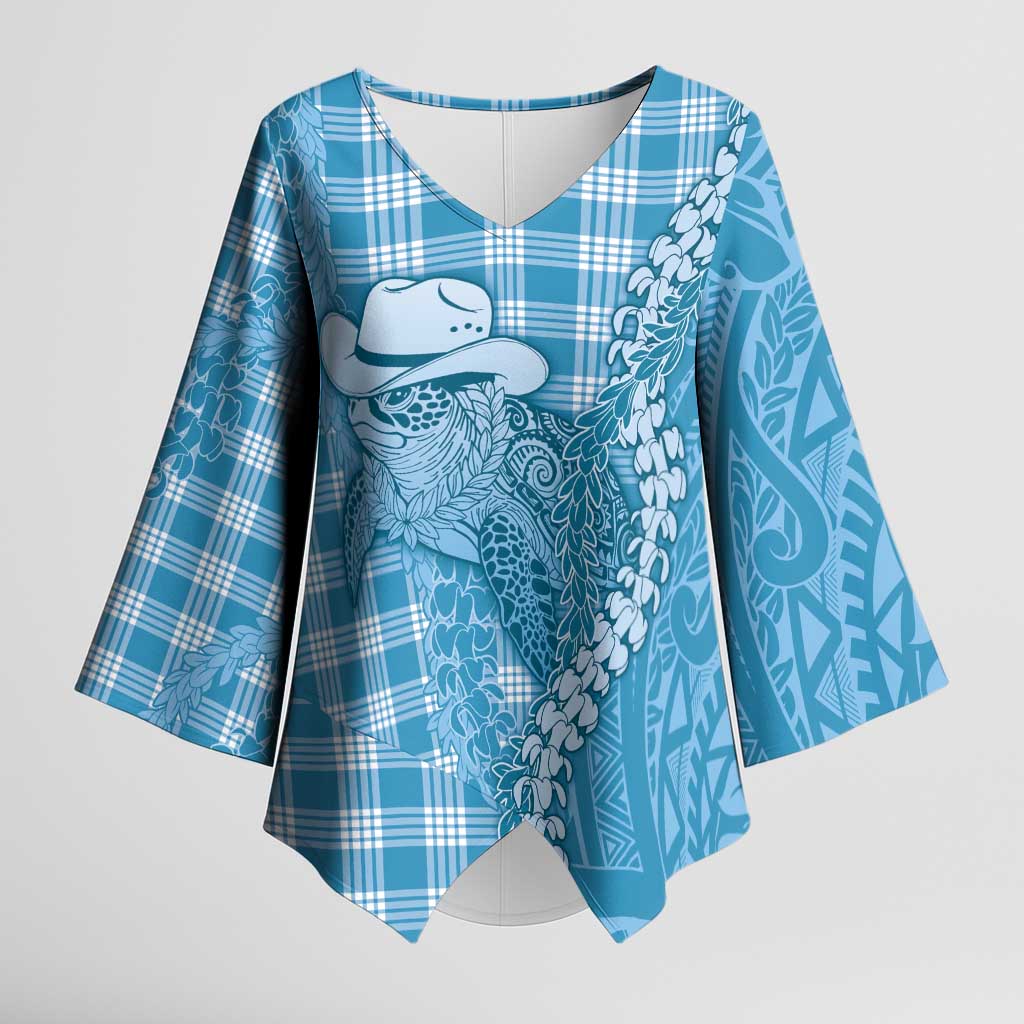 Blue Hawaii Palaka Cowboy Turtle Kimono Sleeve Blouse Hawaiian Paniolo Puakenikeni Maile Lei DT05 Female Blue - Polynesian Pride