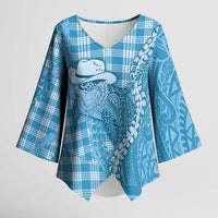 Blue Hawaii Palaka Cowboy Turtle Kimono Sleeve Blouse Hawaiian Paniolo Puakenikeni Maile Lei DT05 Female Blue - Polynesian Pride