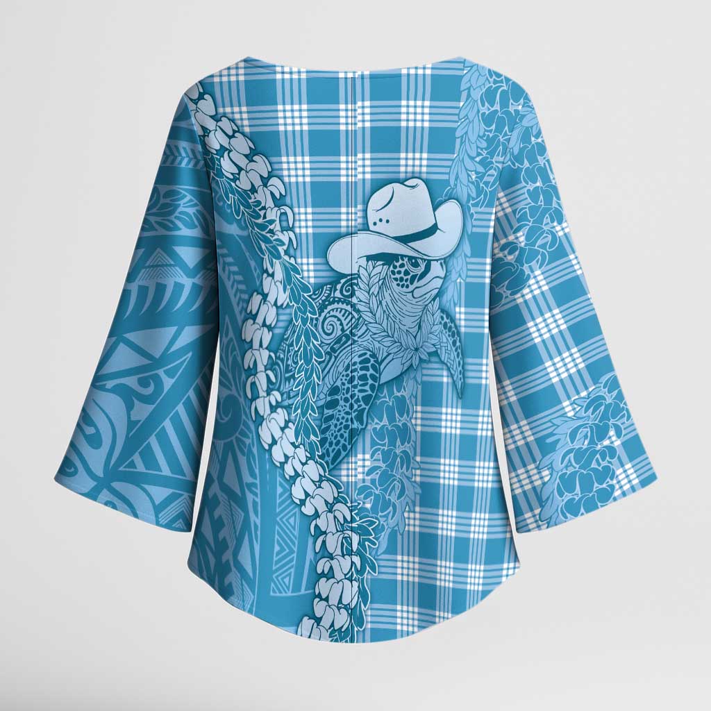 Blue Hawaii Palaka Cowboy Turtle Kimono Sleeve Blouse Hawaiian Paniolo Puakenikeni Maile Lei DT05 - Polynesian Pride