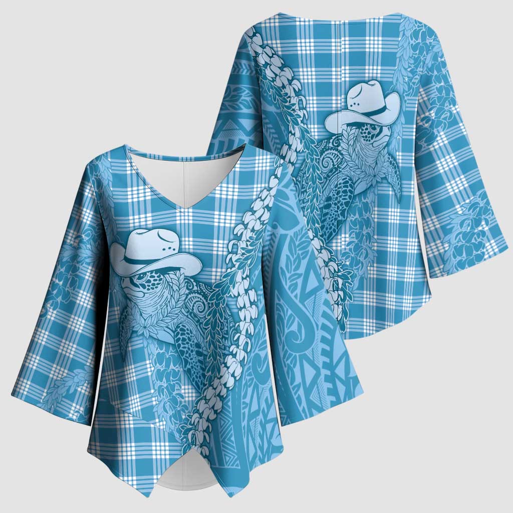 Blue Hawaii Palaka Cowboy Turtle Kimono Sleeve Blouse Hawaiian Paniolo Puakenikeni Maile Lei DT05 - Polynesian Pride