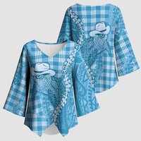 Blue Hawaii Palaka Cowboy Turtle Kimono Sleeve Blouse Hawaiian Paniolo Puakenikeni Maile Lei DT05 - Polynesian Pride