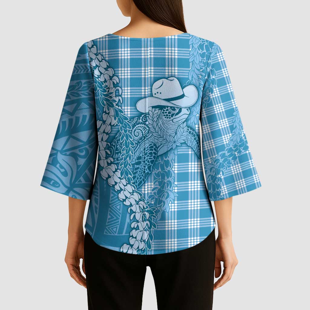 Blue Hawaii Palaka Cowboy Turtle Kimono Sleeve Blouse Hawaiian Paniolo Puakenikeni Maile Lei DT05 - Polynesian Pride