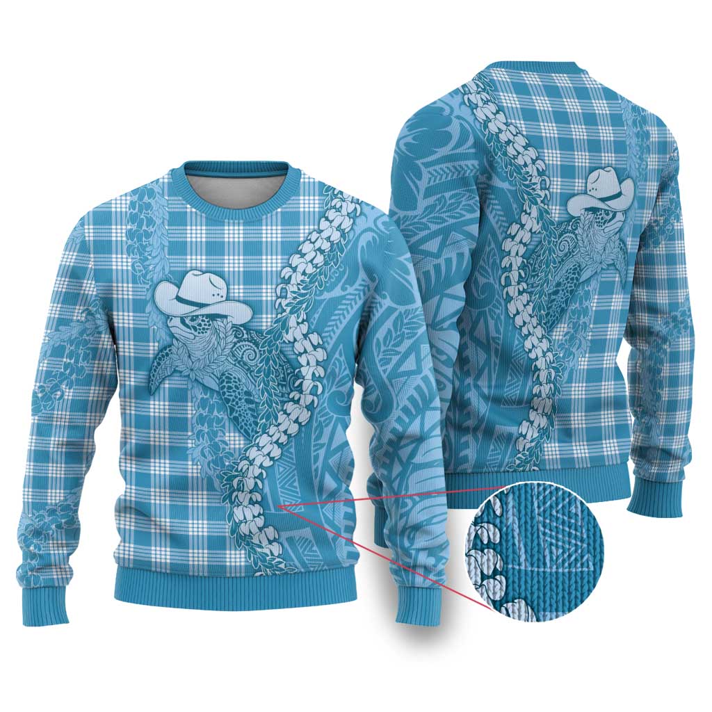 Blue Hawaii Palaka Cowboy Turtle Ugly Christmas Sweater Hawaiian Paniolo Puakenikeni Maile Lei DT05 Blue - Polynesian Pride