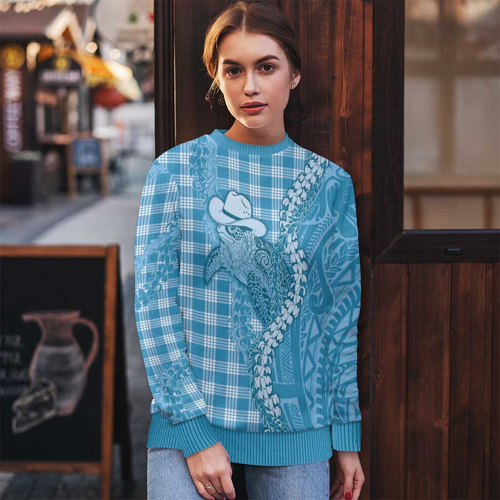 Blue Hawaii Palaka Cowboy Turtle Ugly Christmas Sweater Hawaiian Paniolo Puakenikeni Maile Lei DT05 - Polynesian Pride