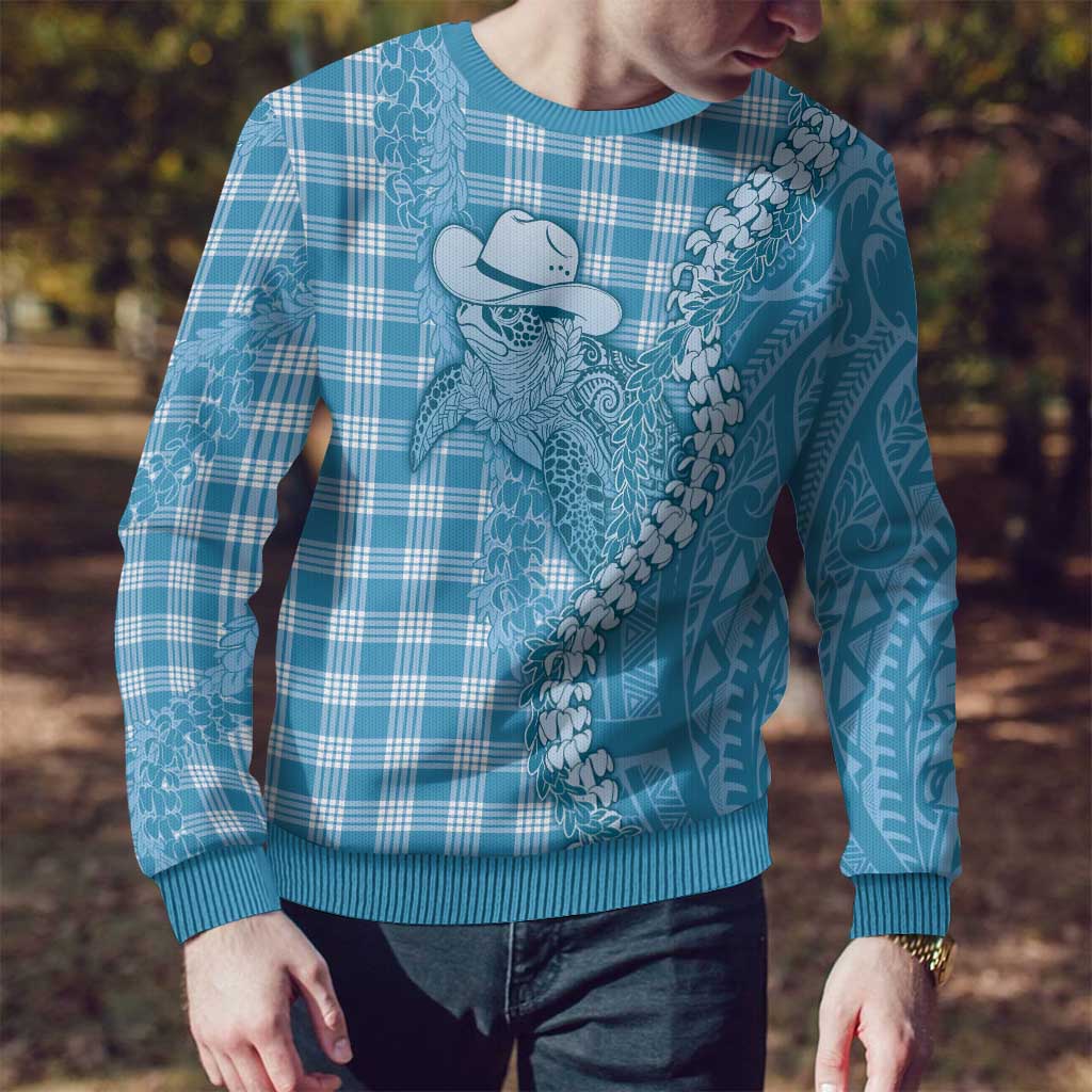 Blue Hawaii Palaka Cowboy Turtle Ugly Christmas Sweater Hawaiian Paniolo Puakenikeni Maile Lei DT05 - Polynesian Pride