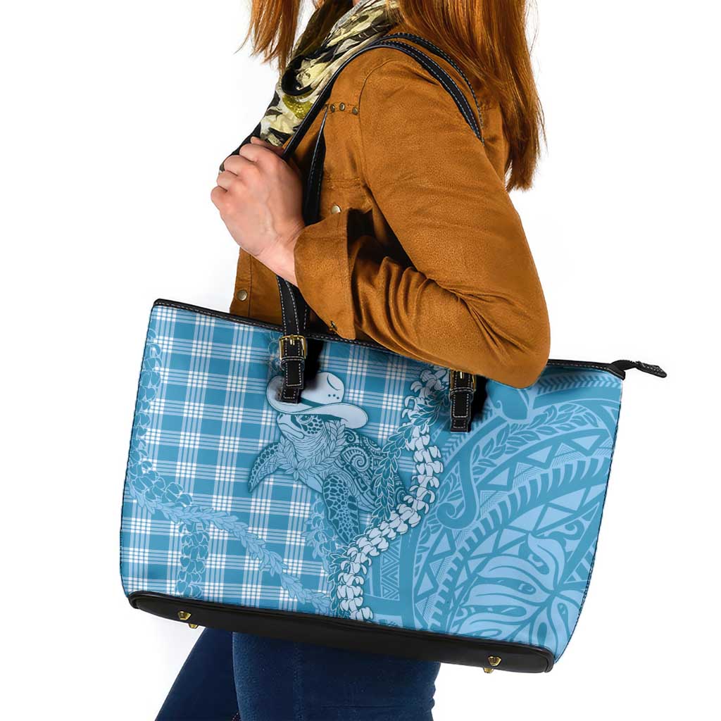 Blue Hawaii Palaka Cowboy Turtle Leather Tote Bag Hawaiian Paniolo Puakenikeni Maile Lei DT05 Blue - Polynesian Pride