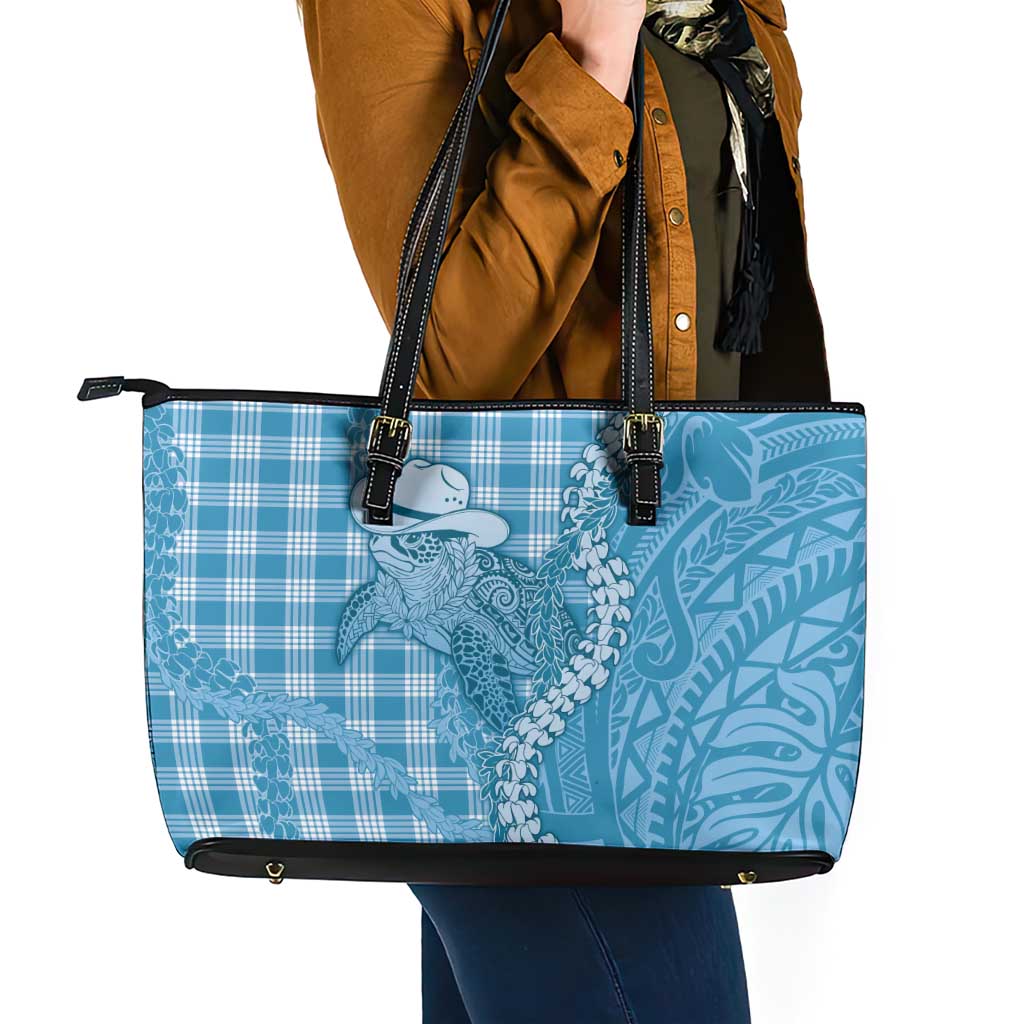 Blue Hawaii Palaka Cowboy Turtle Leather Tote Bag Hawaiian Paniolo Puakenikeni Maile Lei DT05 - Polynesian Pride