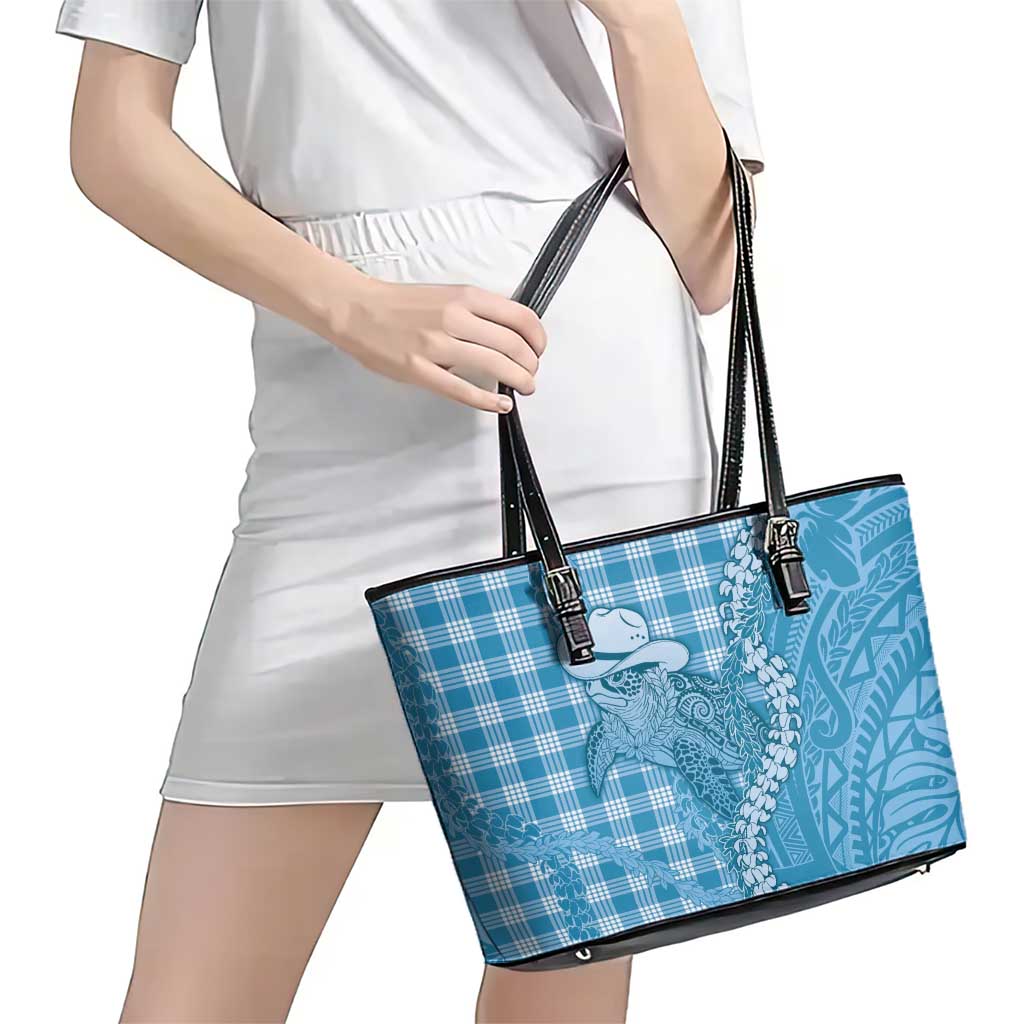 Blue Hawaii Palaka Cowboy Turtle Leather Tote Bag Hawaiian Paniolo Puakenikeni Maile Lei DT05 - Polynesian Pride