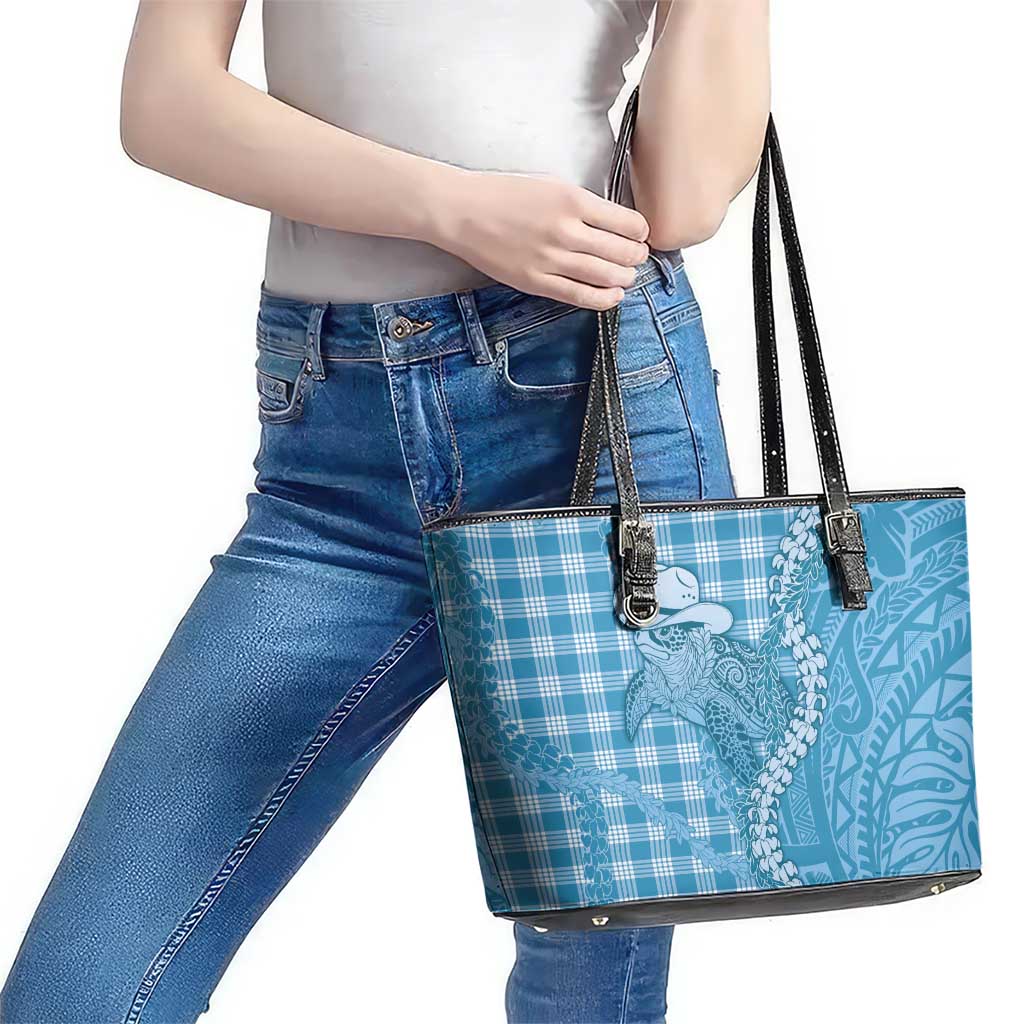 Blue Hawaii Palaka Cowboy Turtle Leather Tote Bag Hawaiian Paniolo Puakenikeni Maile Lei DT05 - Polynesian Pride