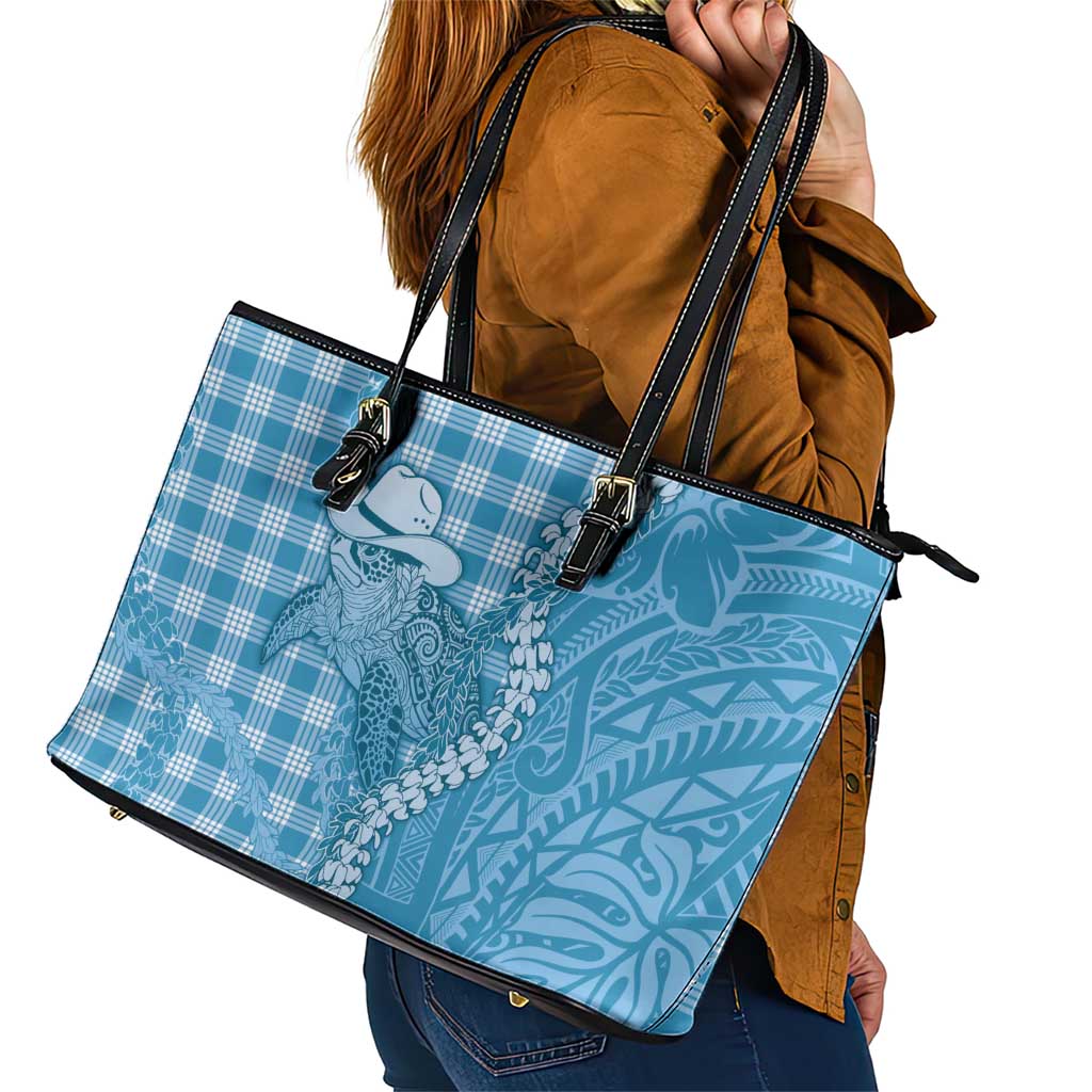 Blue Hawaii Palaka Cowboy Turtle Leather Tote Bag Hawaiian Paniolo Puakenikeni Maile Lei DT05 - Polynesian Pride