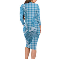 Blue Hawaii Palaka Cowboy Turtle Long Sleeve Bodycon Dress Hawaiian Paniolo Puakenikeni Maile Lei DT05 - Polynesian Pride
