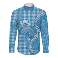 Blue Hawaii Palaka Cowboy Turtle Long Sleeve Button Shirt Hawaiian Paniolo Puakenikeni Maile Lei DT05 Unisex Blue - Polynesian Pride