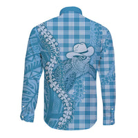 Blue Hawaii Palaka Cowboy Turtle Long Sleeve Button Shirt Hawaiian Paniolo Puakenikeni Maile Lei DT05 - Polynesian Pride