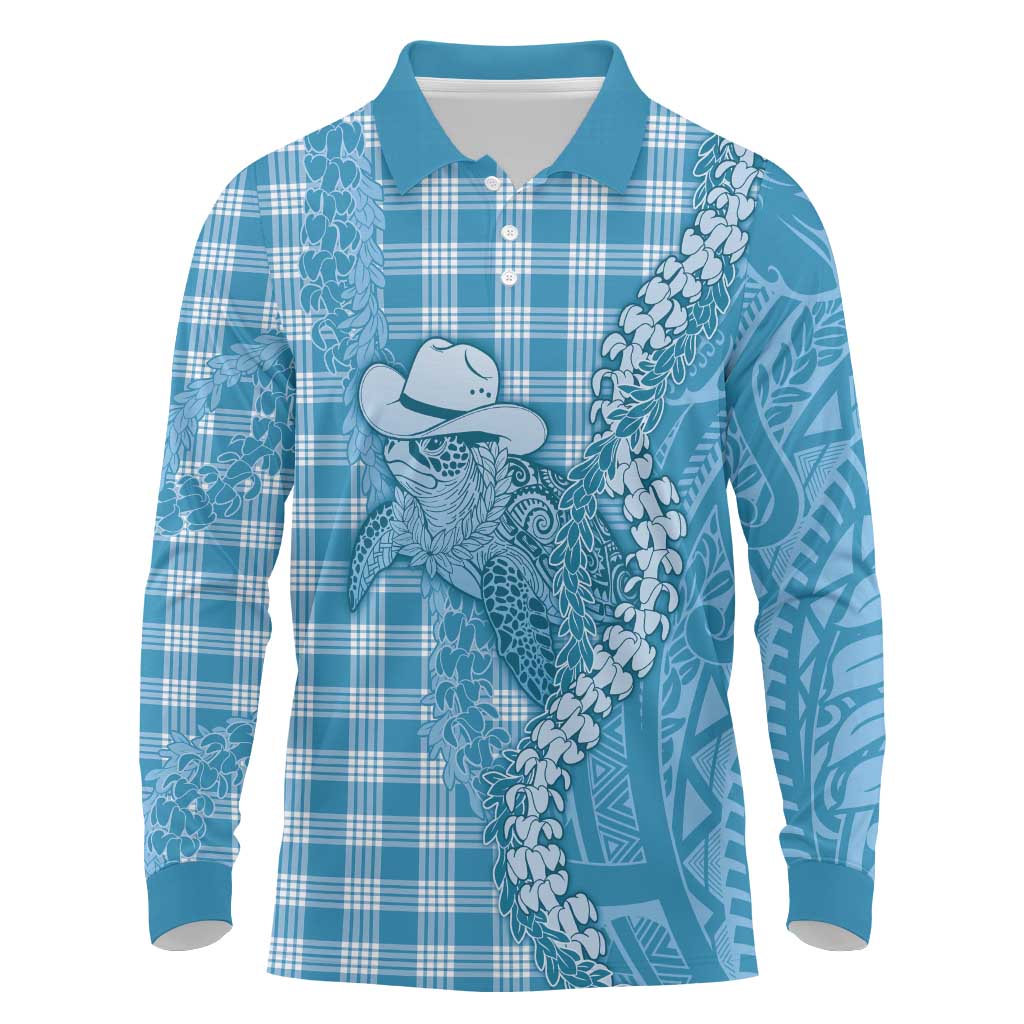Blue Hawaii Palaka Cowboy Turtle Long Sleeve Polo Shirt Hawaiian Paniolo Puakenikeni Maile Lei DT05 Blue - Polynesian Pride