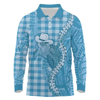 Blue Hawaii Palaka Cowboy Turtle Long Sleeve Polo Shirt Hawaiian Paniolo Puakenikeni Maile Lei DT05 Blue - Polynesian Pride