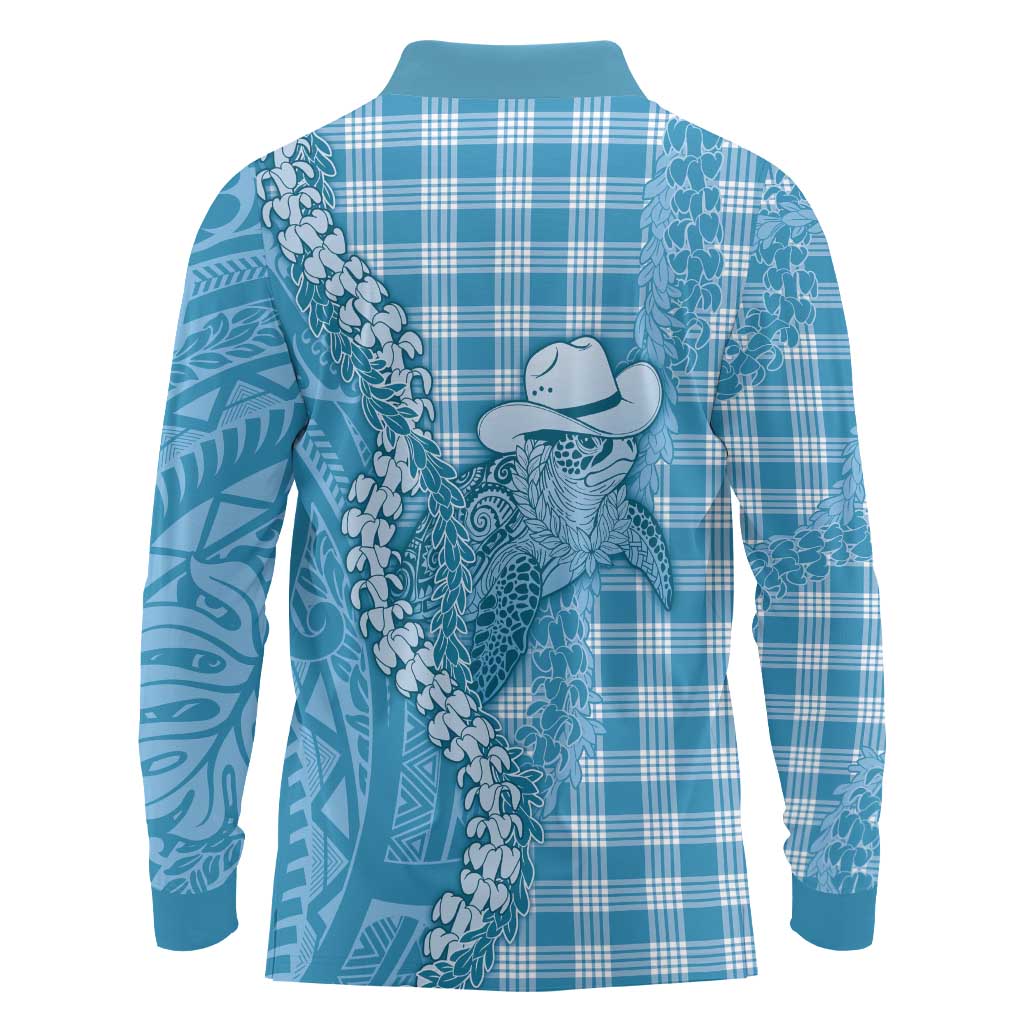 Blue Hawaii Palaka Cowboy Turtle Long Sleeve Polo Shirt Hawaiian Paniolo Puakenikeni Maile Lei DT05 - Polynesian Pride