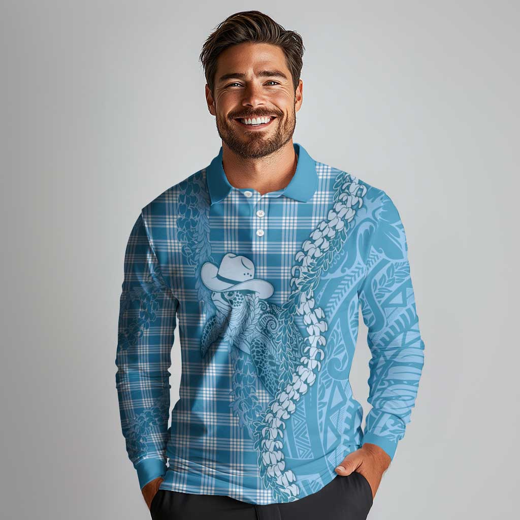 Blue Hawaii Palaka Cowboy Turtle Long Sleeve Polo Shirt Hawaiian Paniolo Puakenikeni Maile Lei DT05 - Polynesian Pride