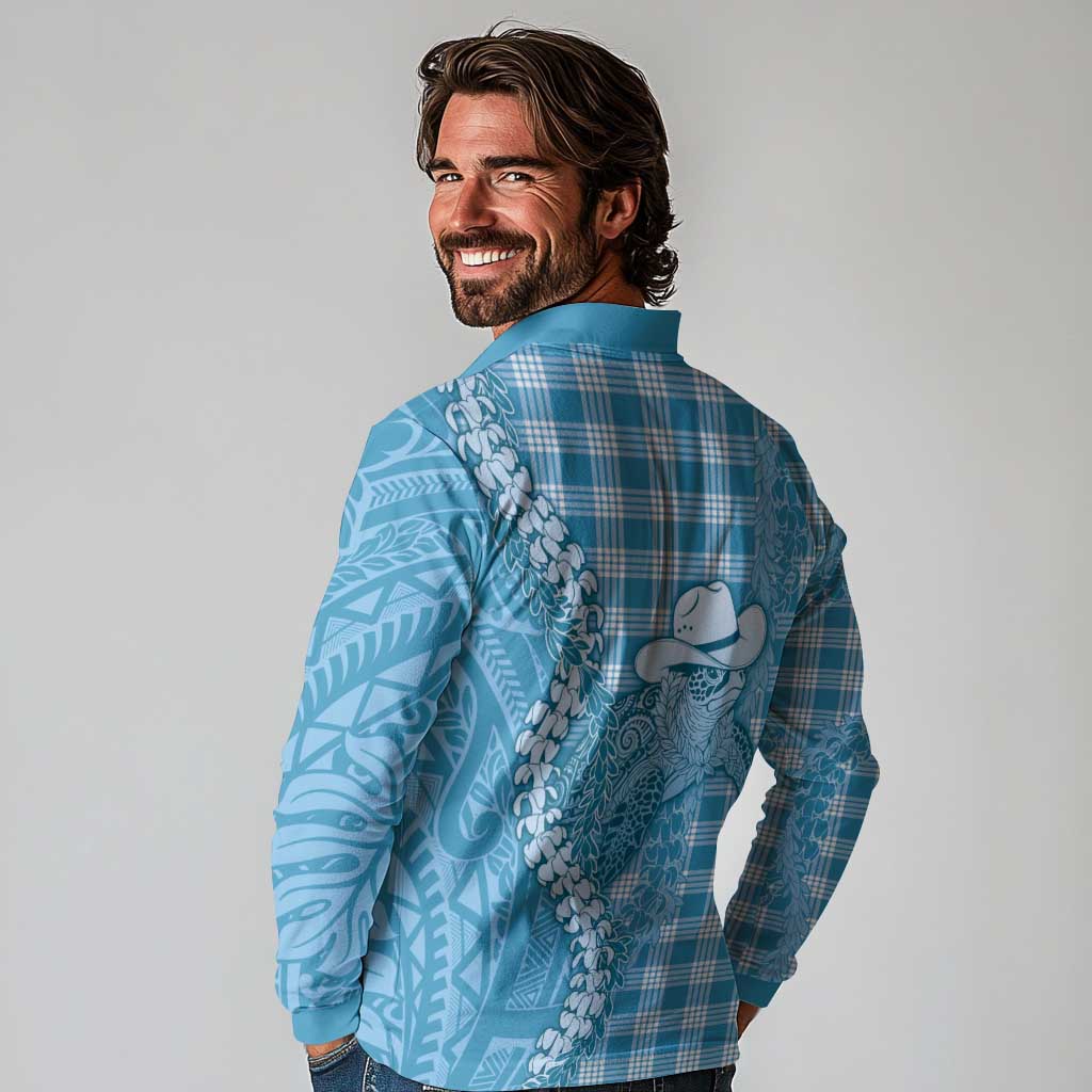 Blue Hawaii Palaka Cowboy Turtle Long Sleeve Polo Shirt Hawaiian Paniolo Puakenikeni Maile Lei DT05 - Polynesian Pride