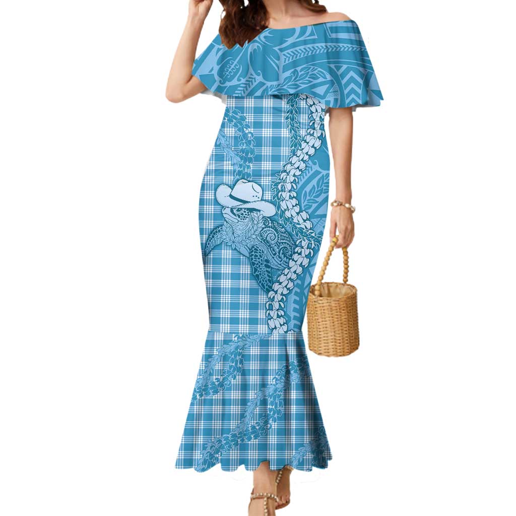 Blue Hawaii Palaka Cowboy Turtle Mermaid Dress Hawaiian Paniolo Puakenikeni Maile Lei DT05 Women Blue - Polynesian Pride