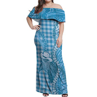 Blue Hawaii Palaka Cowboy Turtle Off Shoulder Maxi Dress Hawaiian Paniolo Puakenikeni Maile Lei DT05 Women Blue - Polynesian Pride