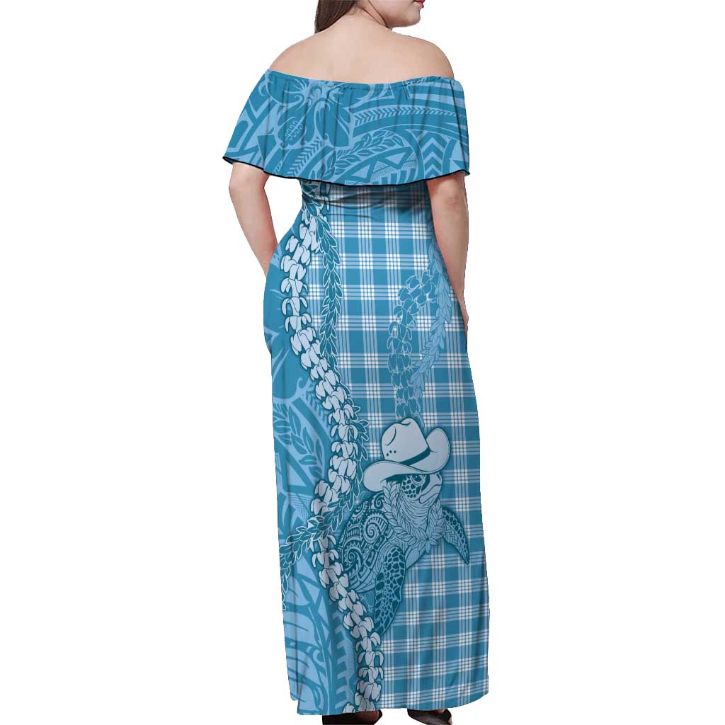 Blue Hawaii Palaka Cowboy Turtle Off Shoulder Maxi Dress Hawaiian Paniolo Puakenikeni Maile Lei DT05 - Polynesian Pride