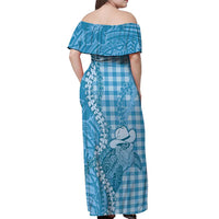 Blue Hawaii Palaka Cowboy Turtle Off Shoulder Maxi Dress Hawaiian Paniolo Puakenikeni Maile Lei DT05 - Polynesian Pride