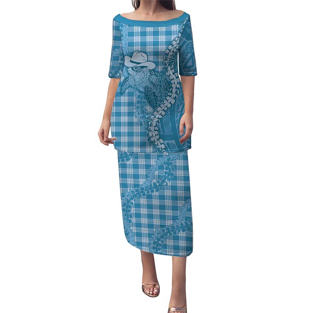 Blue Hawaii Palaka Cowboy Turtle Puletasi Hawaiian Paniolo Puakenikeni Maile Lei DT05 Long Dress Blue - Polynesian Pride