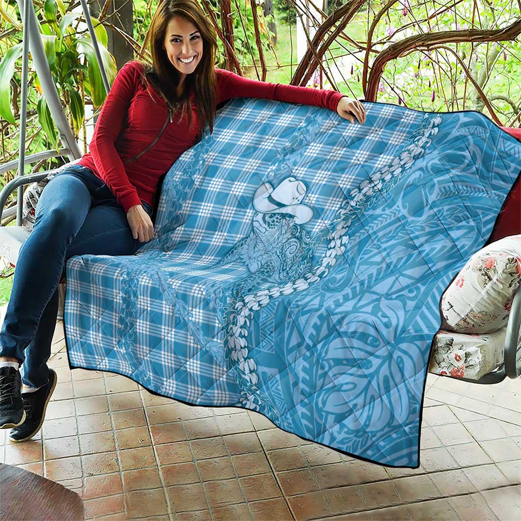Blue Hawaii Palaka Cowboy Turtle Quilt Hawaiian Paniolo Puakenikeni Maile Lei - Polynesian Pride