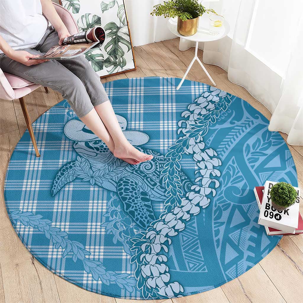 Blue Hawaii Palaka Cowboy Turtle Round Carpet Hawaiian Paniolo Puakenikeni Maile Lei - Polynesian Pride