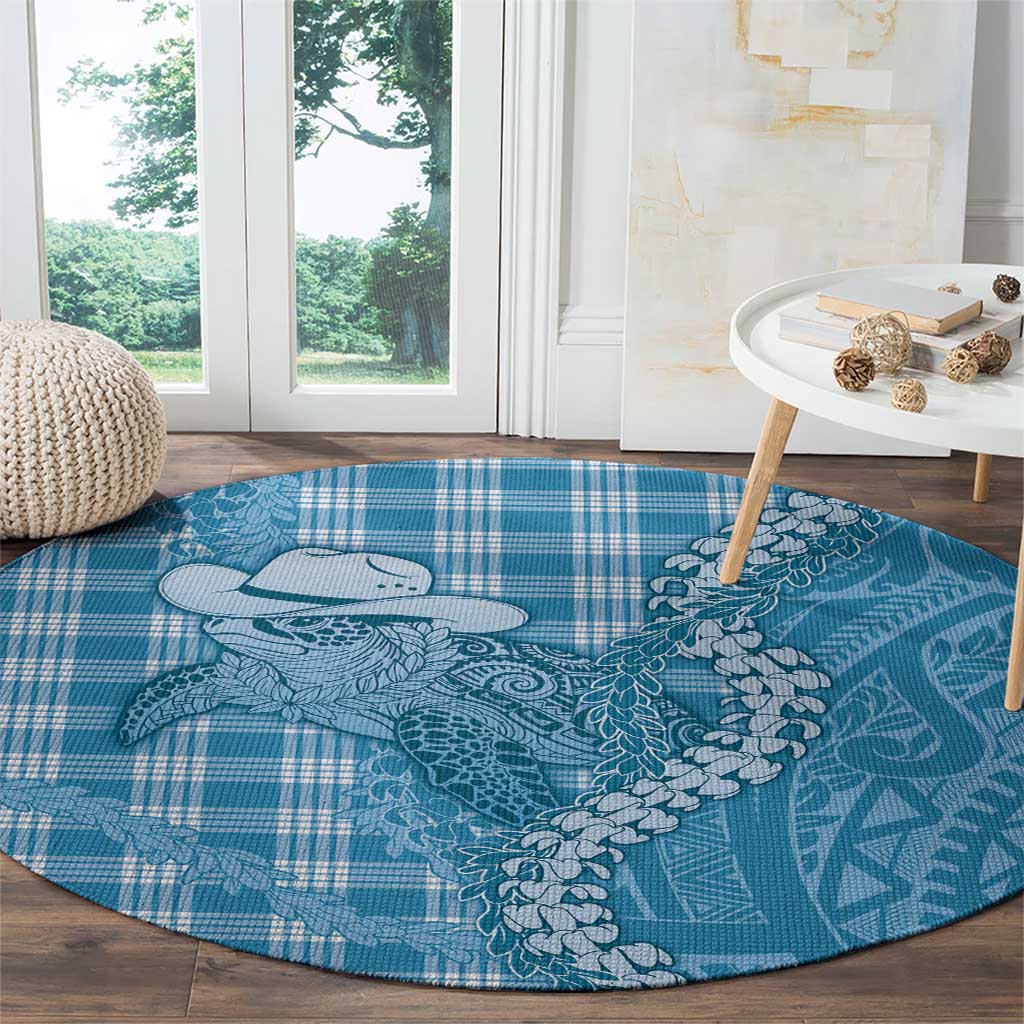 Blue Hawaii Palaka Cowboy Turtle Round Carpet Hawaiian Paniolo Puakenikeni Maile Lei - Polynesian Pride
