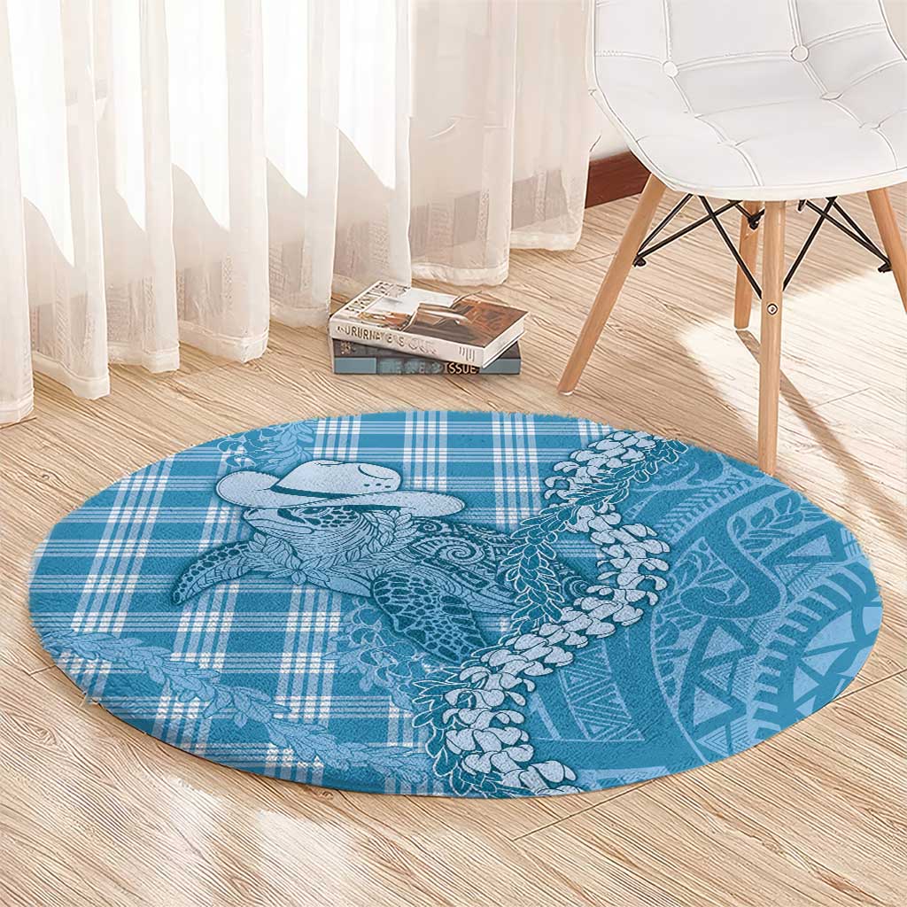 Blue Hawaii Palaka Cowboy Turtle Round Carpet Hawaiian Paniolo Puakenikeni Maile Lei - Polynesian Pride