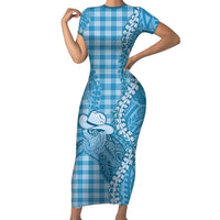 Blue Hawaii Palaka Cowboy Turtle Short Sleeve Bodycon Dress Hawaiian Paniolo Puakenikeni Maile Lei DT05 Long Dress Blue - Polynesian Pride