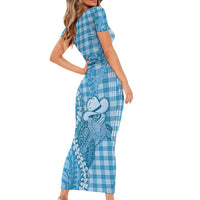 Blue Hawaii Palaka Cowboy Turtle Short Sleeve Bodycon Dress Hawaiian Paniolo Puakenikeni Maile Lei DT05 - Polynesian Pride