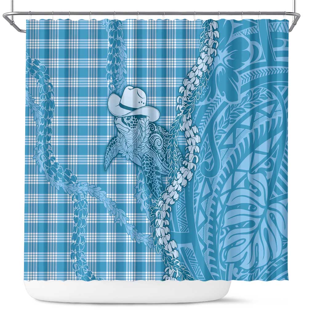 Blue Hawaii Palaka Cowboy Turtle Shower Curtain Hawaiian Paniolo Puakenikeni Maile Lei DT05 Blue - Polynesian Pride