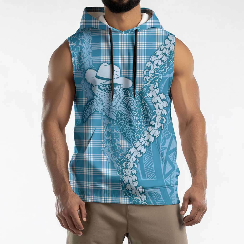 Blue Hawaii Palaka Cowboy Turtle Sleeveless Hoodie Hawaiian Paniolo Puakenikeni Maile Lei DT05 - Polynesian Pride