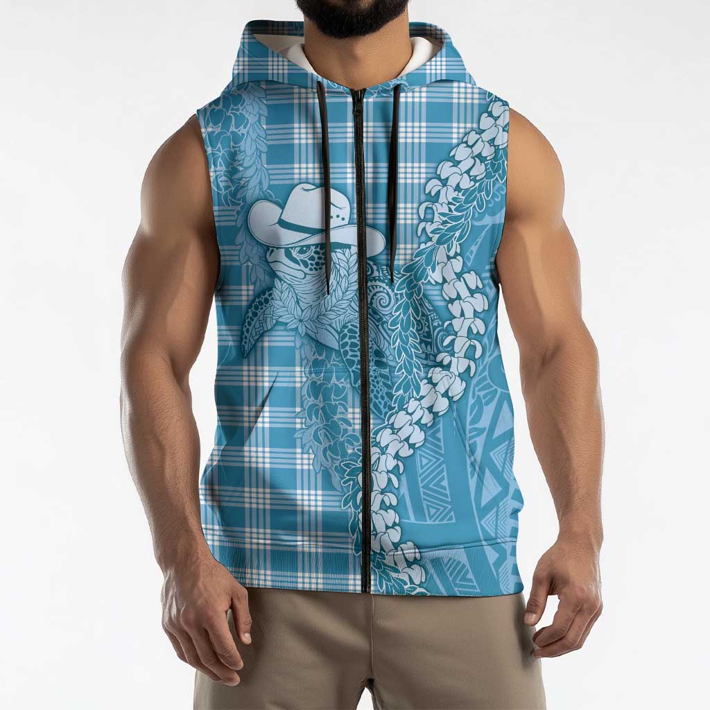 Blue Hawaii Palaka Cowboy Turtle Sleeveless Zip Hoodie Hawaiian Paniolo Puakenikeni Maile Lei DT05 - Polynesian Pride