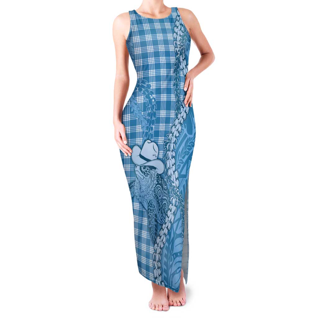Blue Hawaii Palaka Cowboy Turtle Tank Maxi Dress Hawaiian Paniolo Puakenikeni Maile Lei DT05 Women Blue - Polynesian Pride