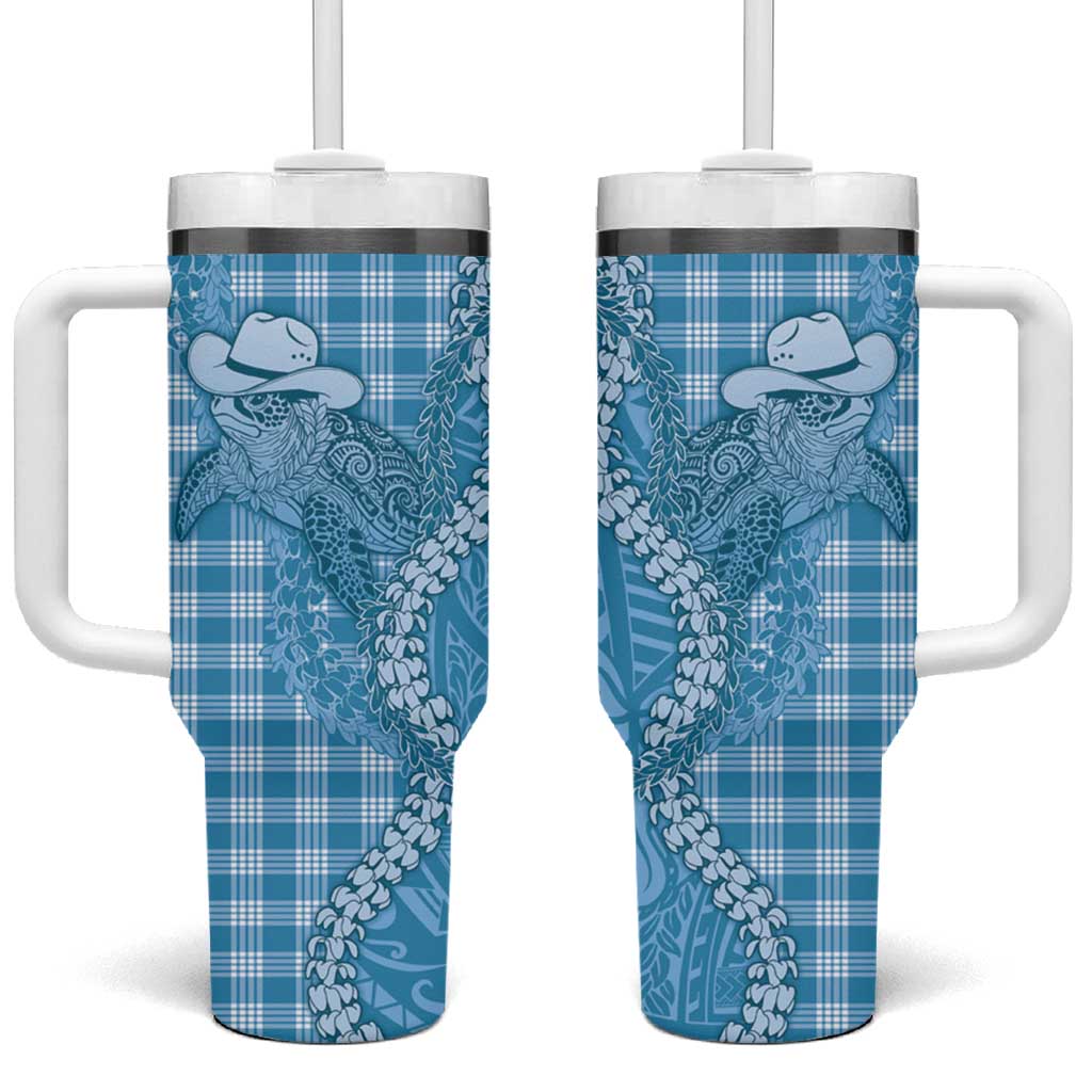 Blue Hawaii Palaka Cowboy Turtle Tumbler With Handle Hawaiian Paniolo Puakenikeni Maile Lei DT05 One Size: 40 oz Blue - Polynesian Pride