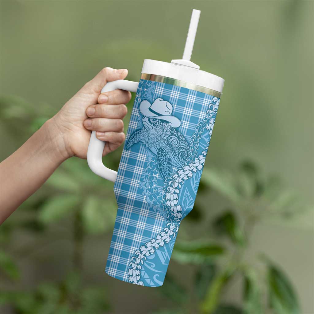 Blue Hawaii Palaka Cowboy Turtle Tumbler With Handle Hawaiian Paniolo Puakenikeni Maile Lei DT05 - Polynesian Pride